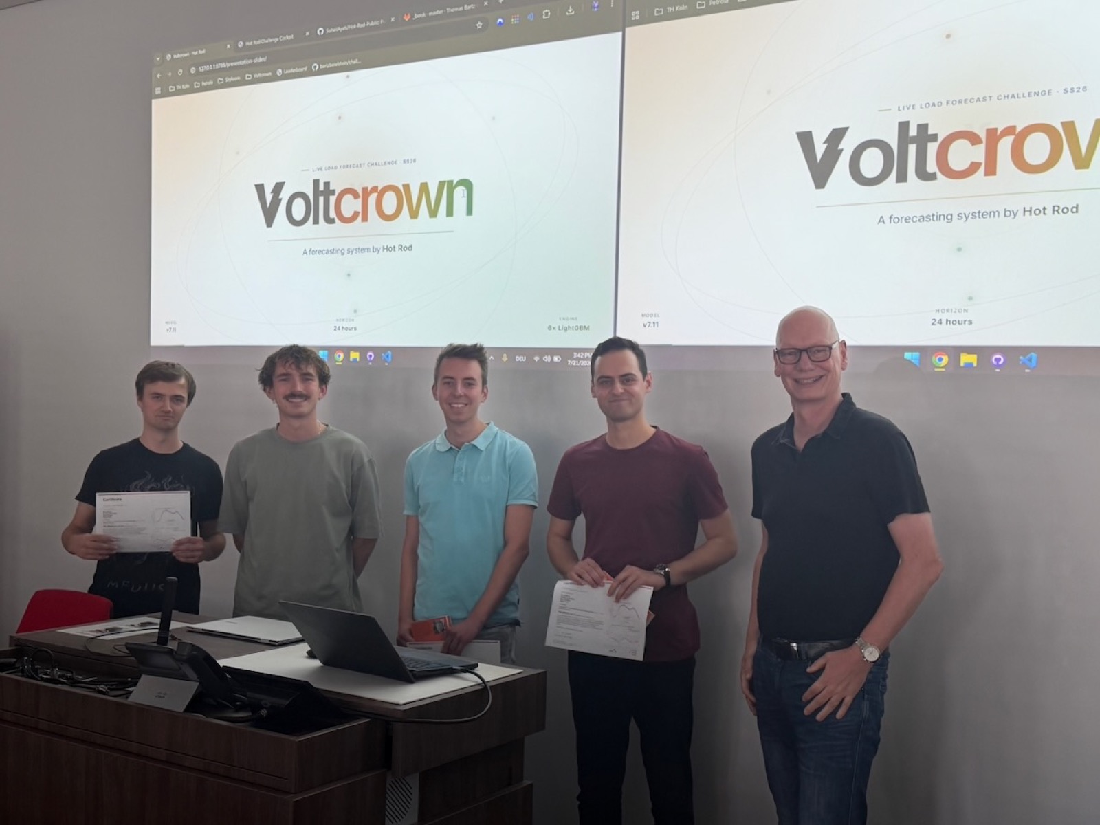 Vier Studierende des Teams Hot Rod mit Prof. Bartz-Beielstein vor den Präsentationsfolien ihres Prognosesystems Voltcrown